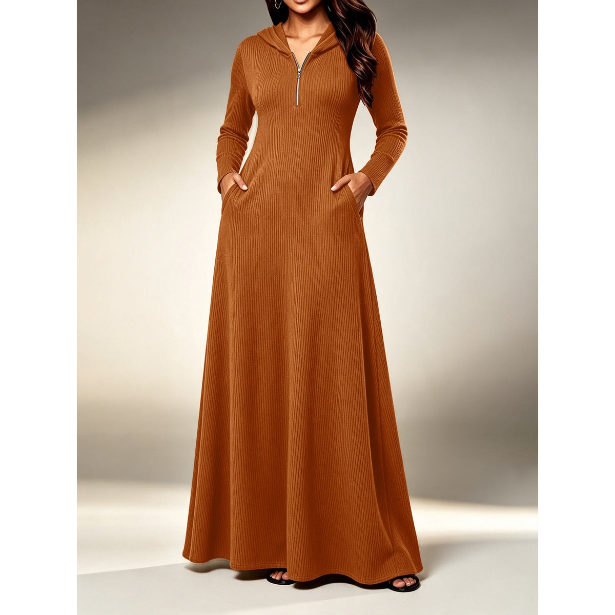 Women’s Knitted Long Sleeve Maxi Dress – with Half-Zip Neck