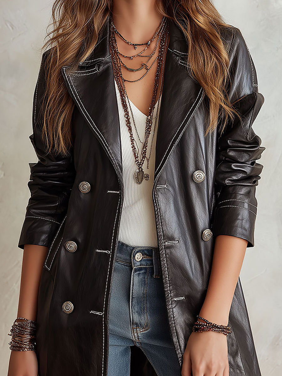 Vintage-style Black Eco-leather Double-breasted Trench Coat