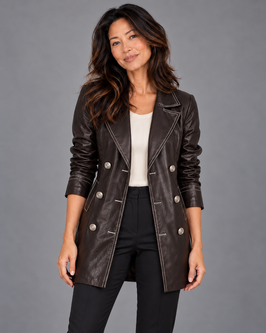 Vintage-style Eco-leather Double-breasted Trench Coat