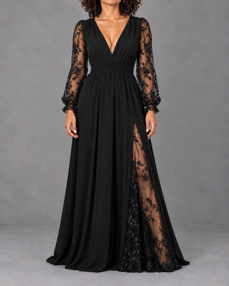 Elegant Lace-Trimmed V-Neck Maxi Dress with High Slit & Long Sleeves