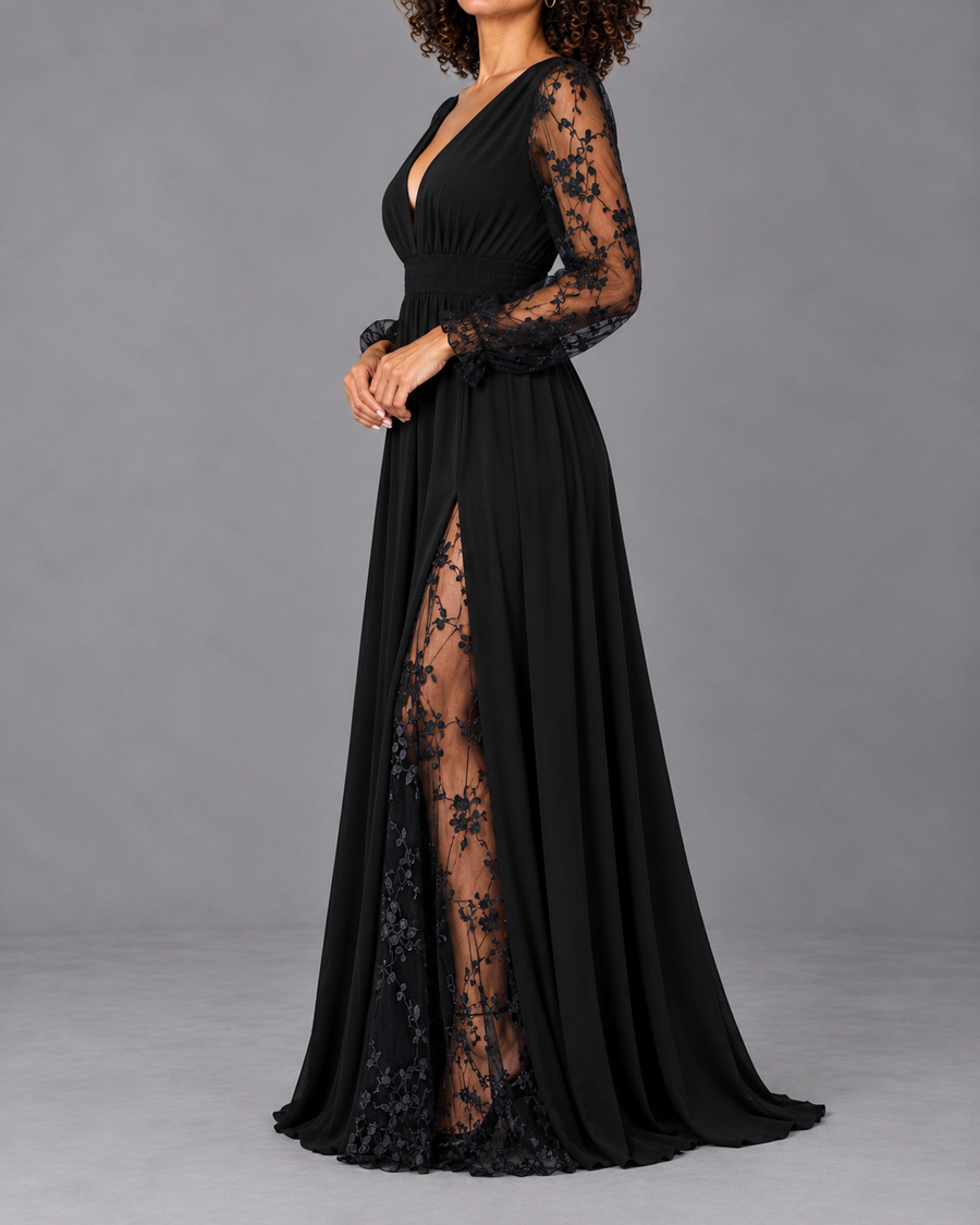 Elegant Lace-Trimmed V-Neck Maxi Dress with High Slit & Long Sleeves
