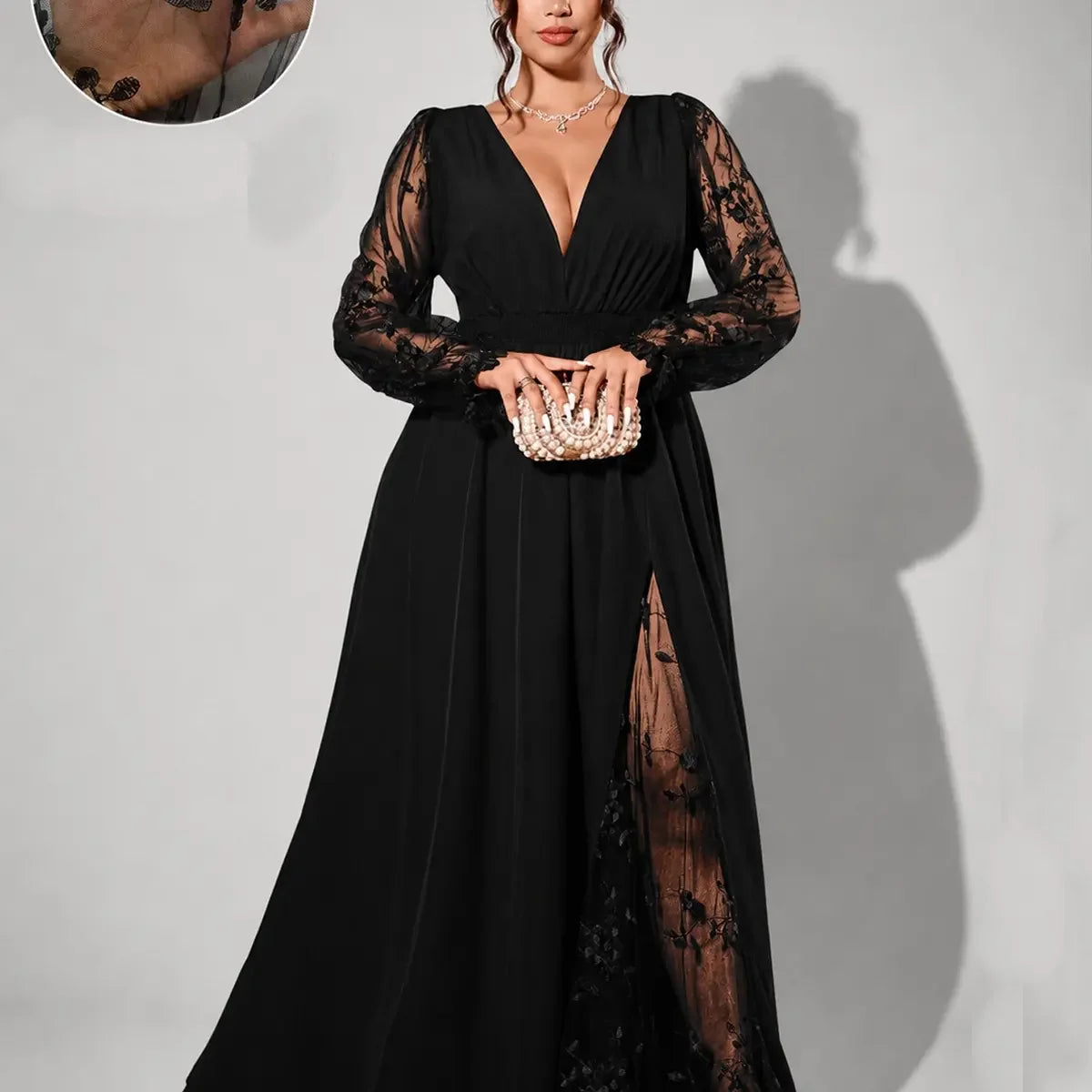 Elegant Lace-Trimmed V-Neck Maxi Dress with High Slit & Long Sleeves