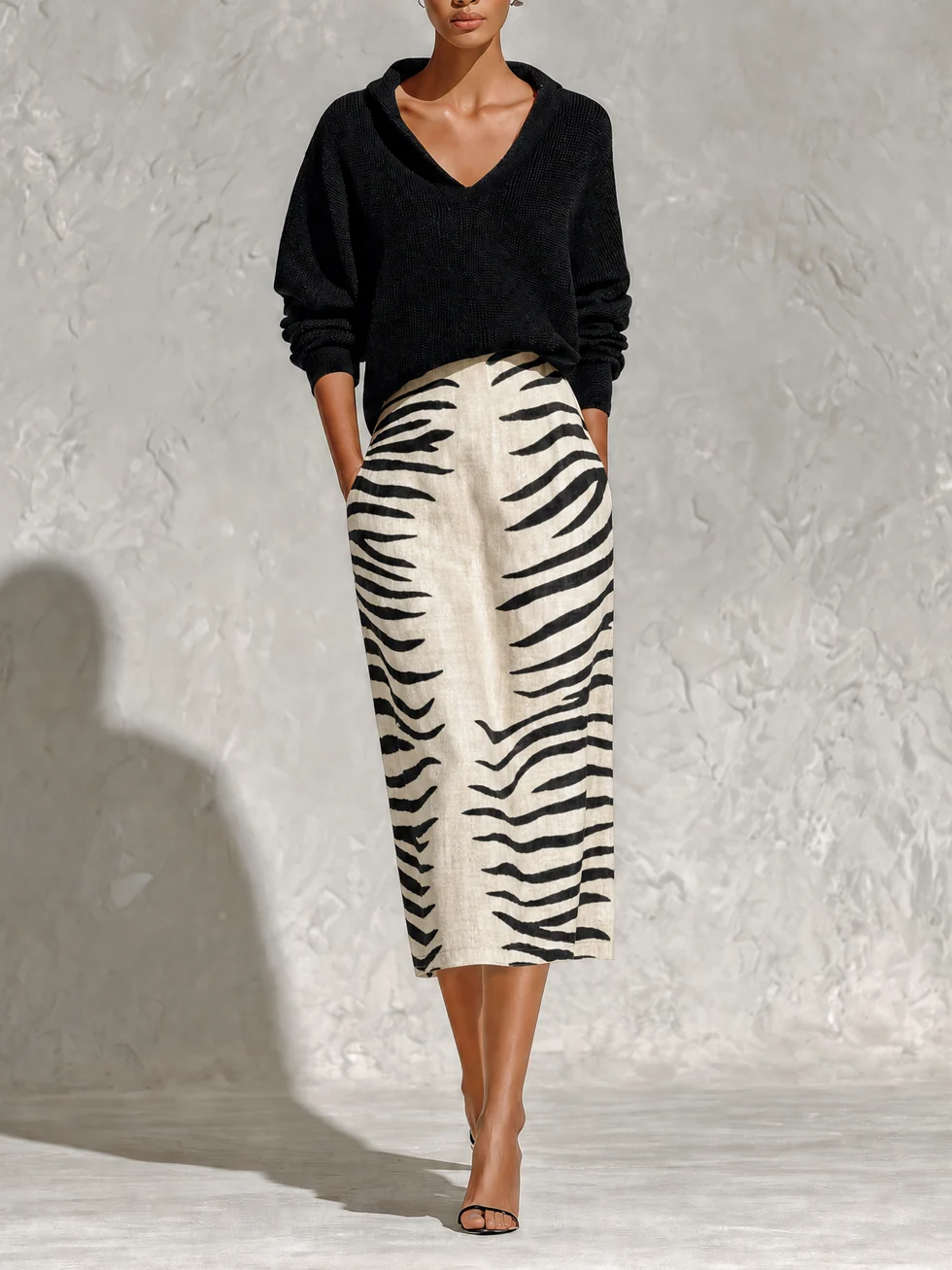 LORENA | BLACK KNIT TOP & ZEBRA MIDI SKIRT SET