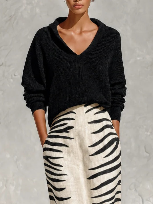 LORENA | BLACK KNIT TOP & ZEBRA MIDI SKIRT SET