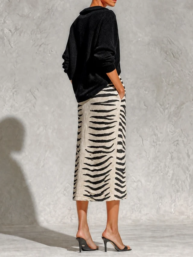 LORENA | BLACK KNIT TOP & ZEBRA MIDI SKIRT SET