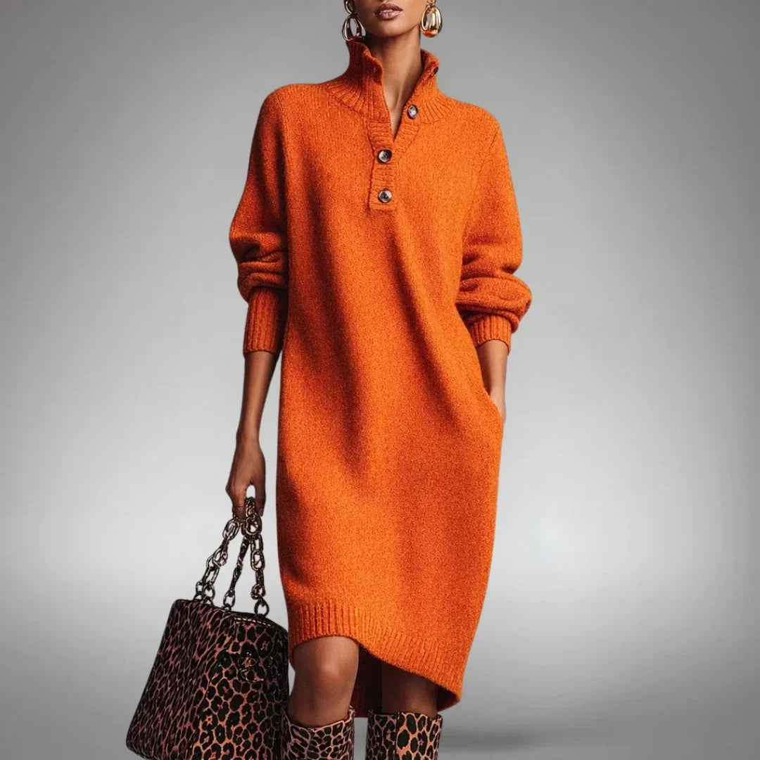 ELODIE | BUTTON-COLLAR KNIT MIDI DRESS