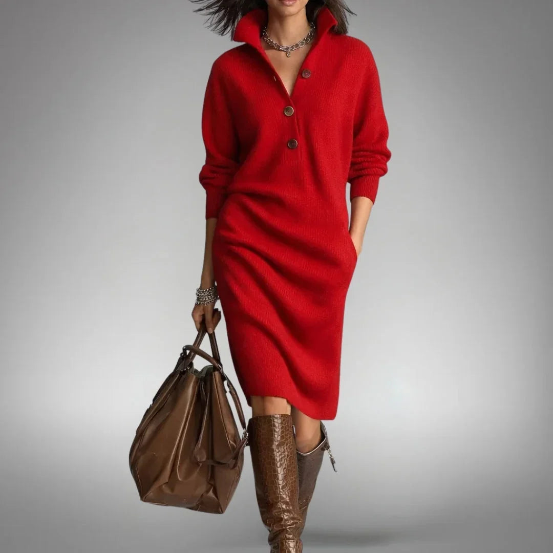 ELODIE | BUTTON-COLLAR KNIT MIDI DRESS